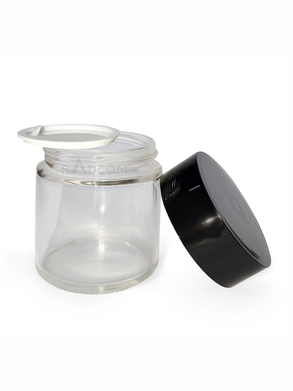 100GmLong Glass Jar - Clear-With Plastic Black Cap With Inner Lid